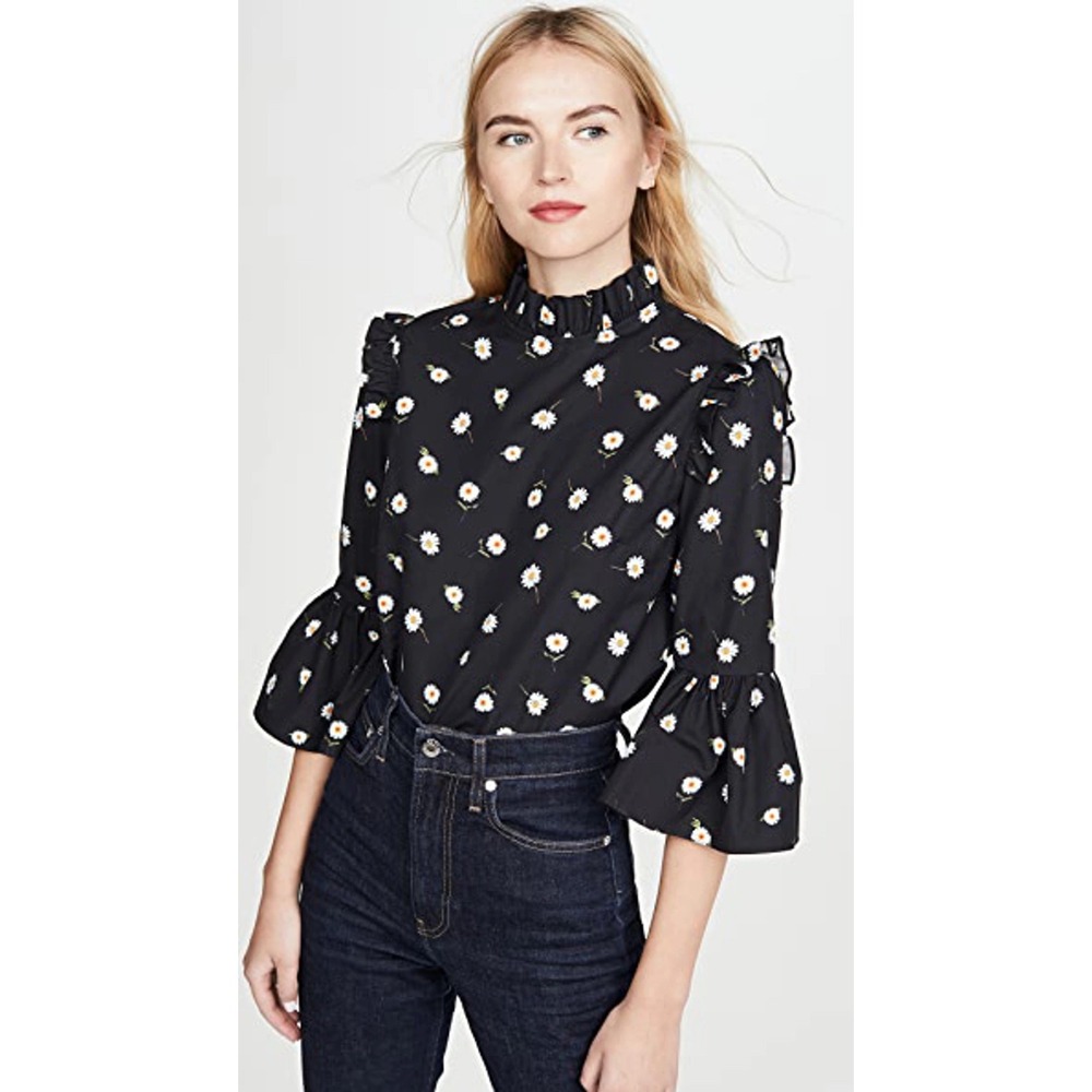 Alice + Olivia Women Cotton Henrietta Daisy Blouse Black Ruffle Bell Sleeve